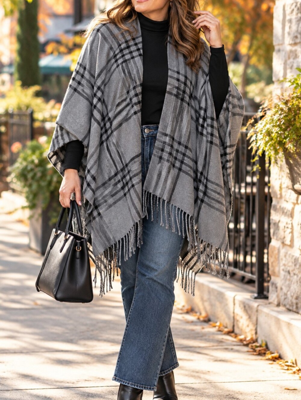 RW&CO. Gray Plaid Fringe Shawl Poncho Wrap Cape Cozy Fall Layer Travel